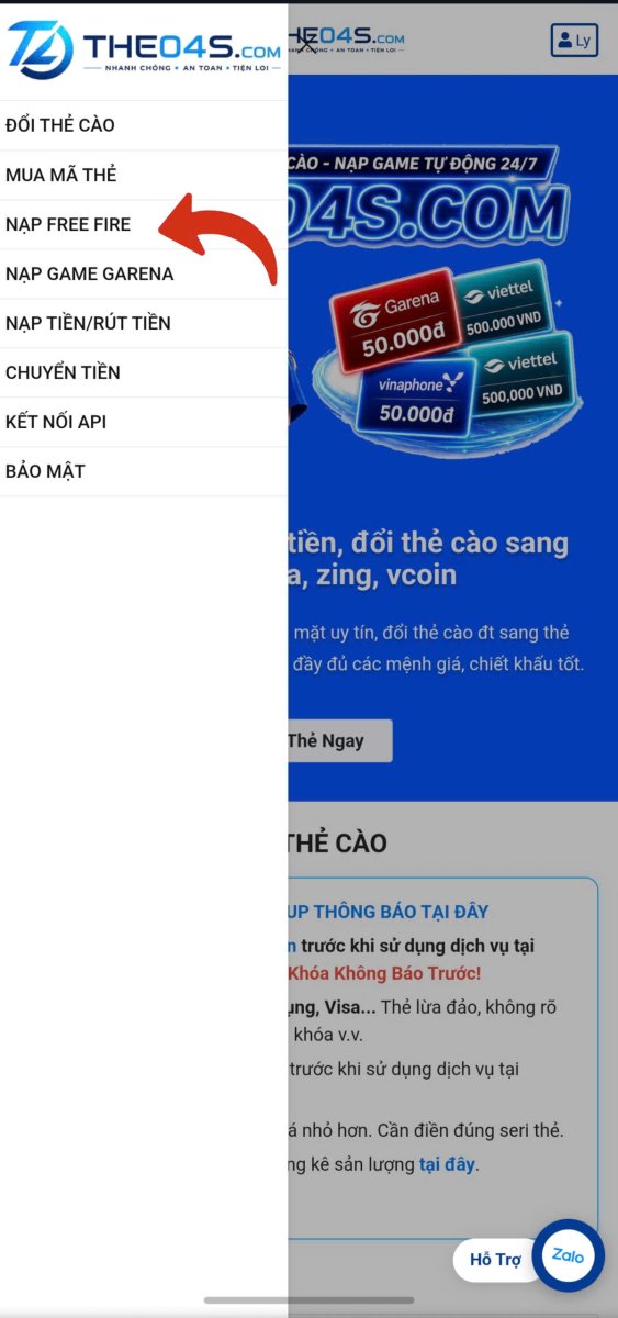 Hướng dẫn nạp Free Fire - Bước 2