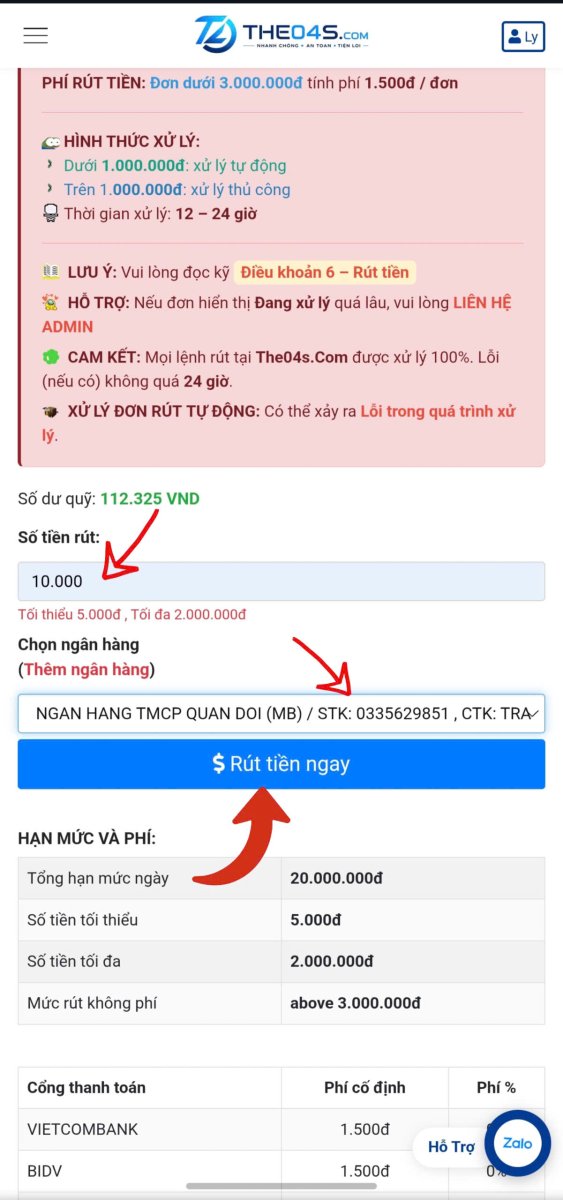 Hướng dẫn rút tiền bước 5